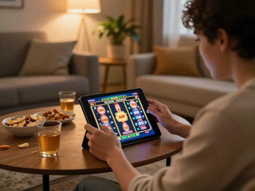 Terlibat dalam permainan slot online di tablet di pengaturan rumah yang nyaman