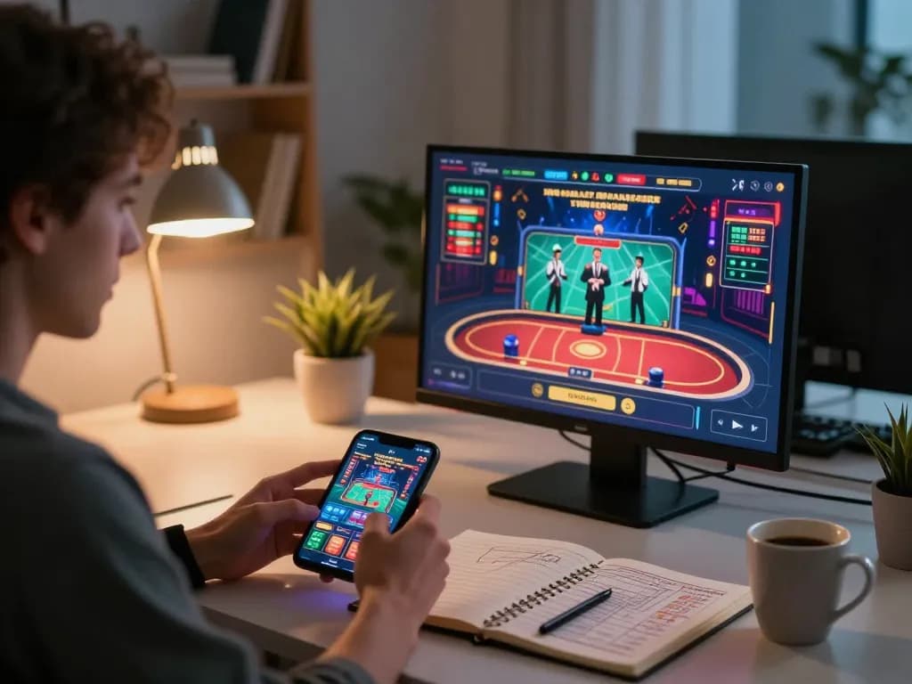 Engaging online gaming scene showcasing person playing at https://c168b.com/ on a mobile device with cozy ambient lighting.