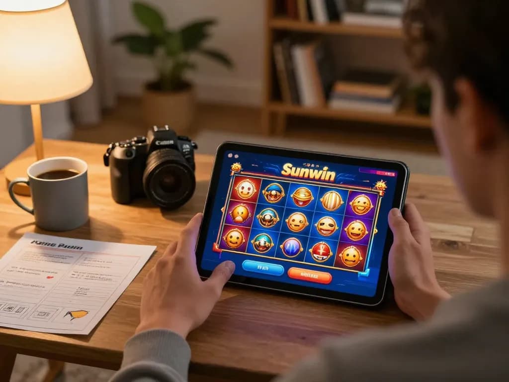 Engaging gameplay on Sunwin casino via tablet in a cozy home setting.