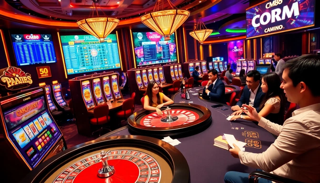 CM88 online gambling interface amidst lively casino action with vibrant slot machines and poker tables.