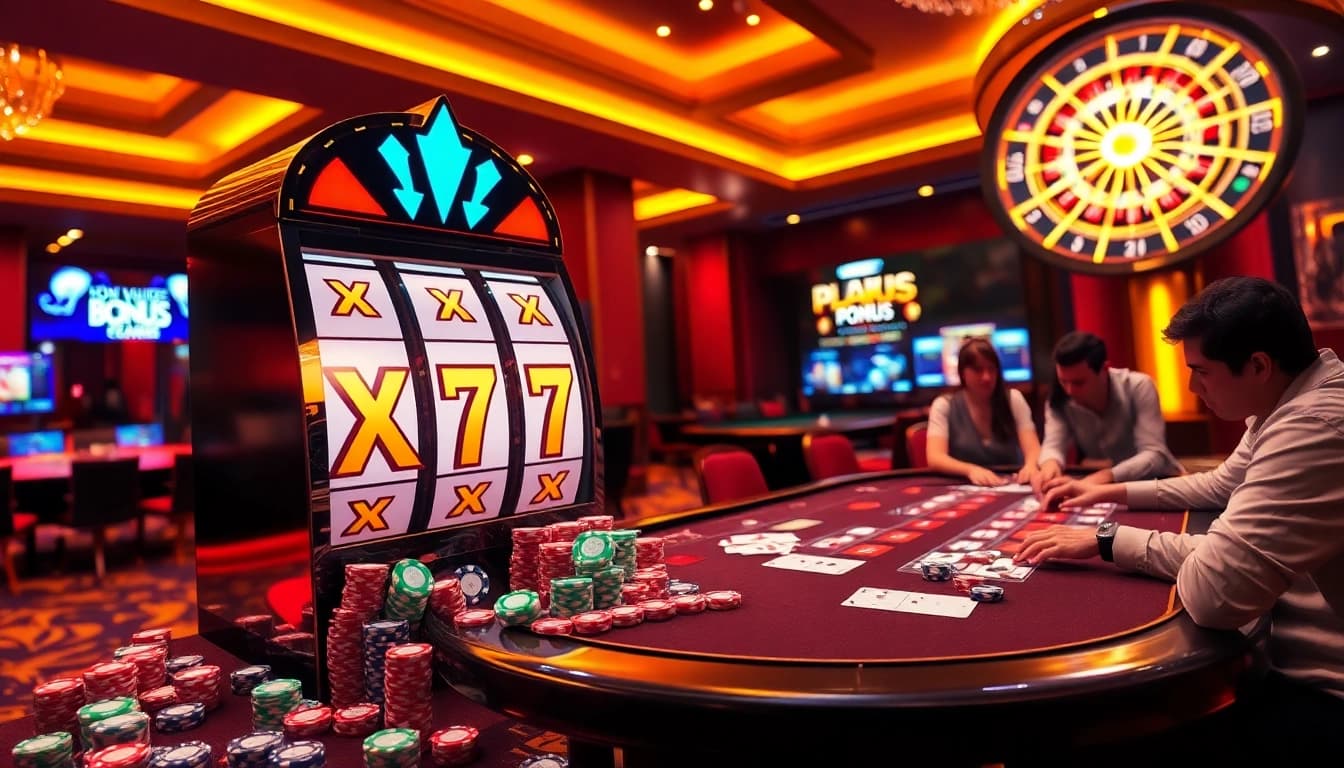 X777 slot machine surrounded by poker chips and a roulette wheel in a luxurious casino setting