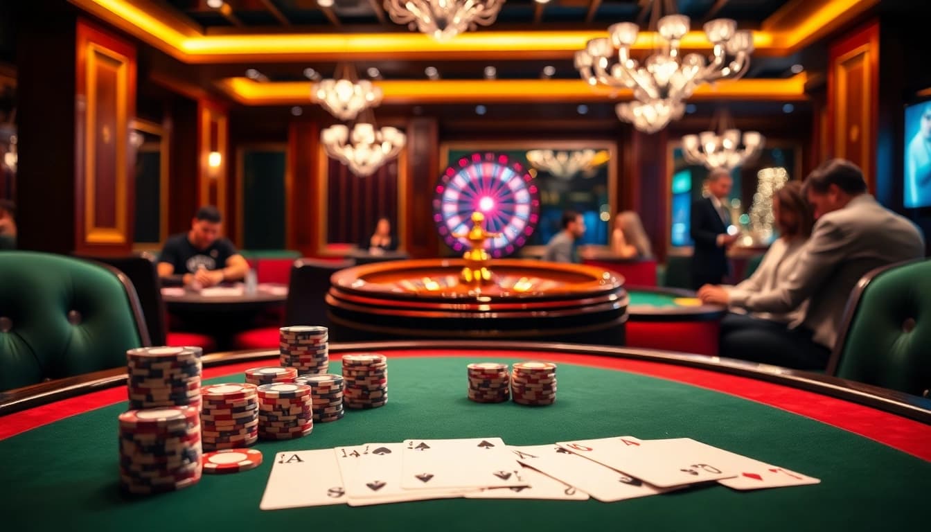 E2bet poker table with chips and cards showcasing an exciting gambling atmosphere