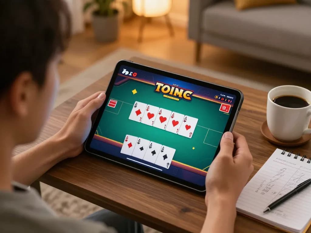 MPO08 user actively engaged in online poker game, showcasing vibrant graphics on tablet with strategy notes beside.