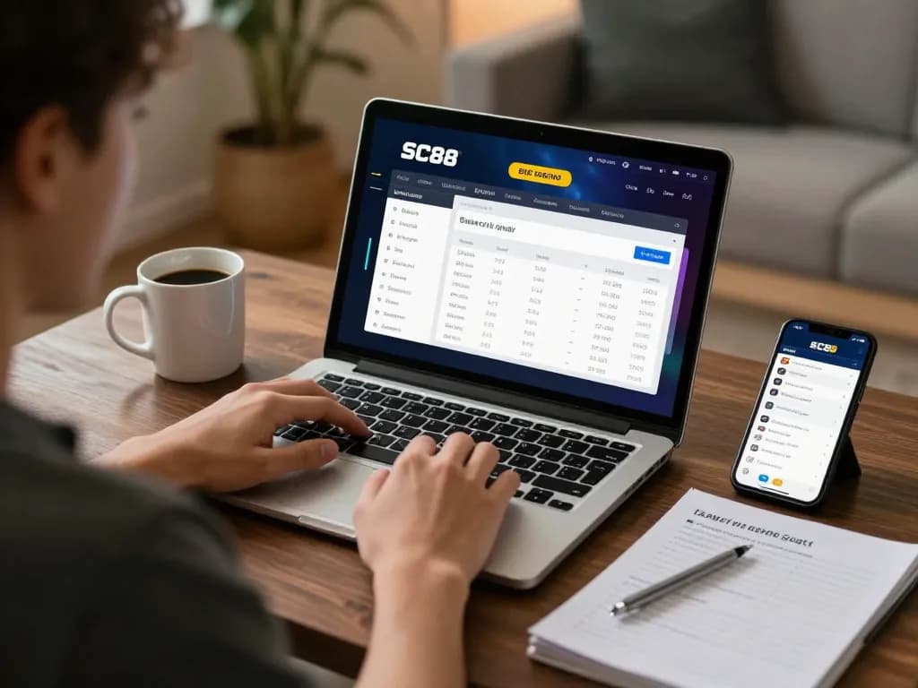 Engaging user exploring SC88 with betting interface on laptop, showcasing responsible gambling.