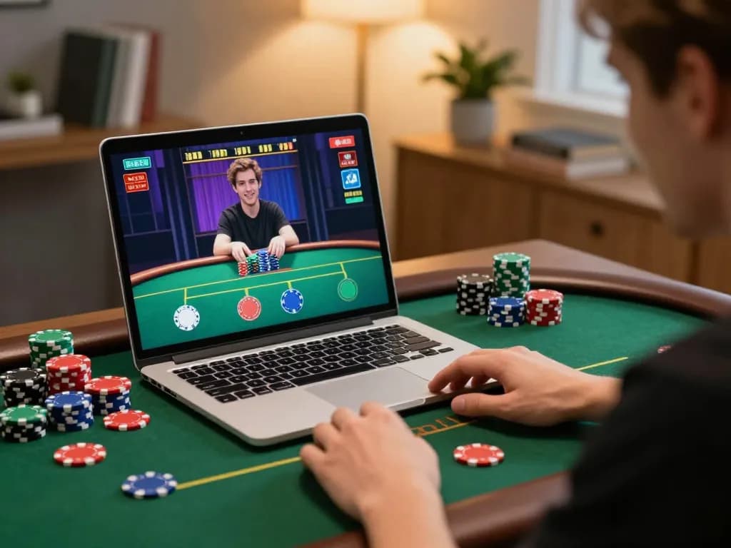 Player engaged in online poker on laptop showcasing s666 game interface with colorful chips.