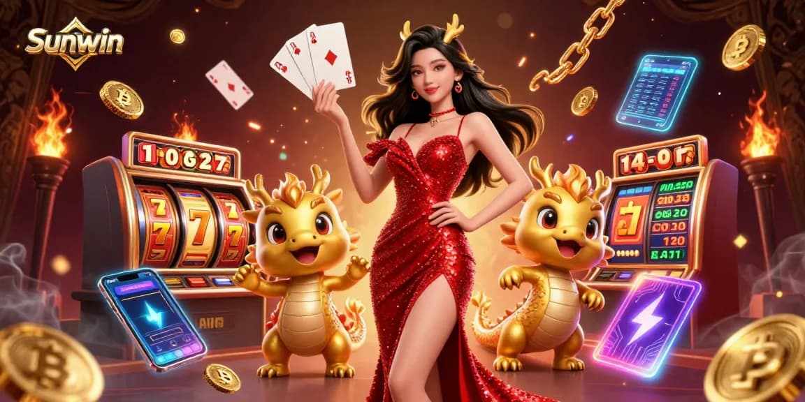 Sunwin showcases an engaging and dynamic casino scene featuring vibrant characters and slot elements.