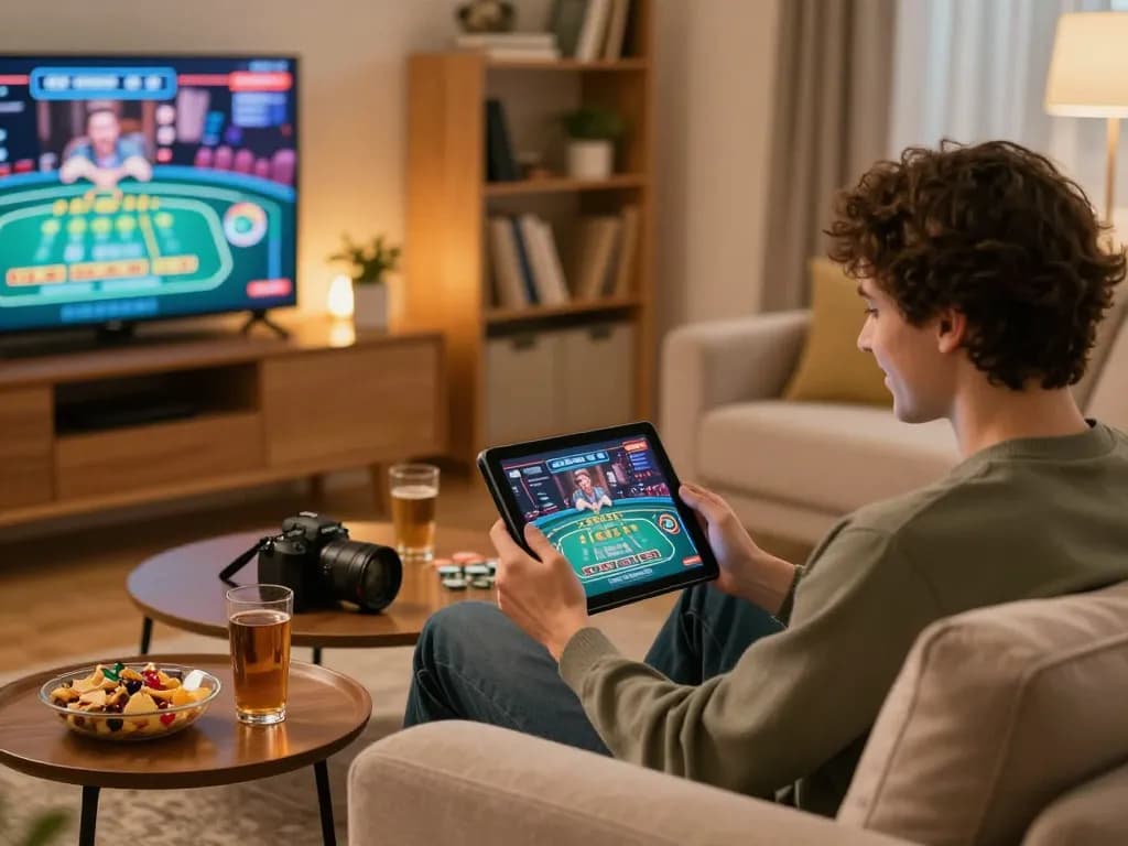 Engaging in online casino gaming at home on a tablet, showcases g28 with a cozy atmosphere and strategic gameplay.