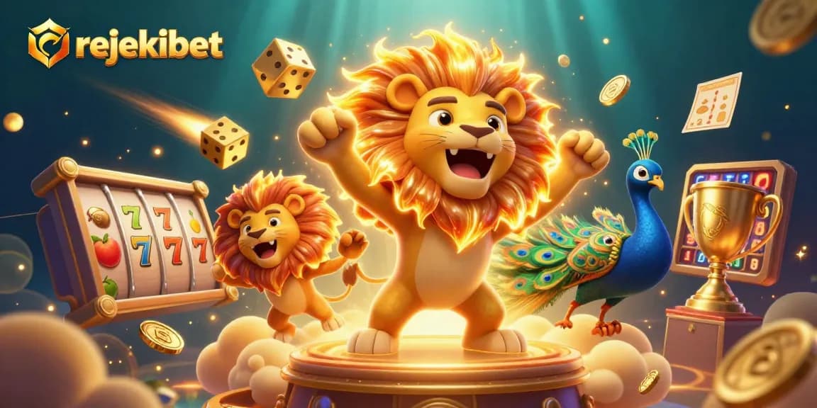 Engage with rejekibet's dynamic slot games featuring a 3D lion and golden dice in a vibrant casino scene.