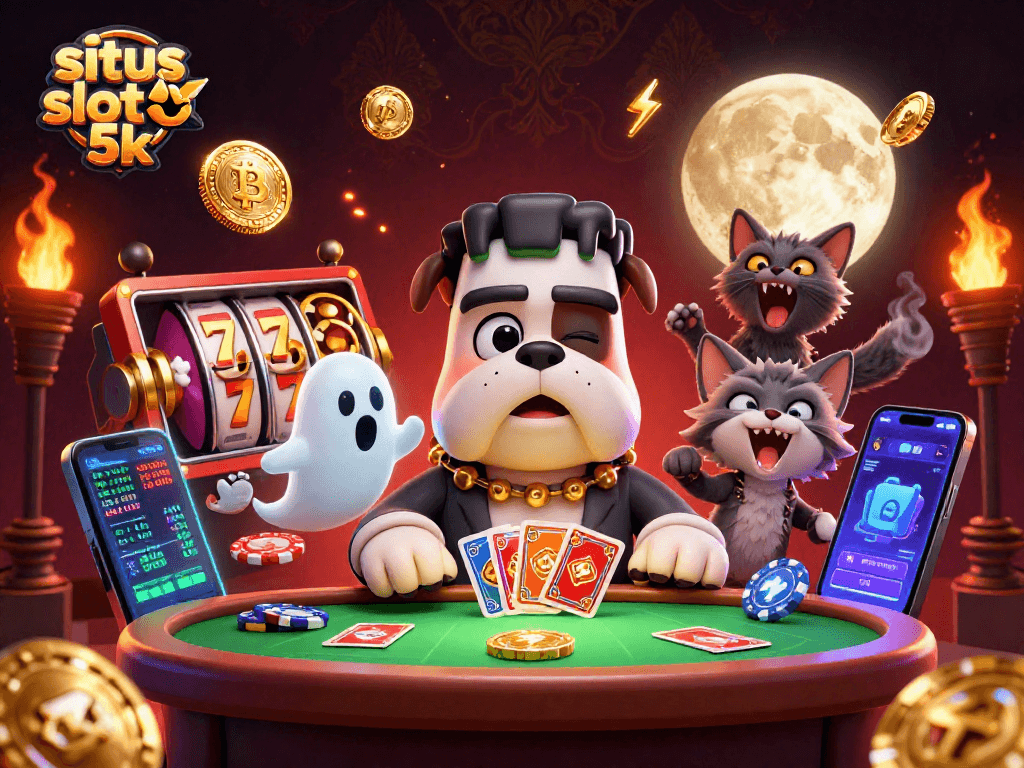 Experience exciting slots at situs slot 5k with a lively illustration of a spooky casino scene.