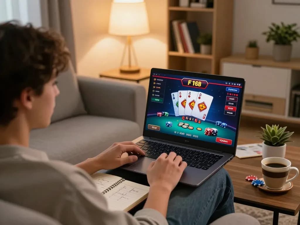 Engaged player using F 168 online poker platform at home, showcasing strategic betting with a cozy setting.
