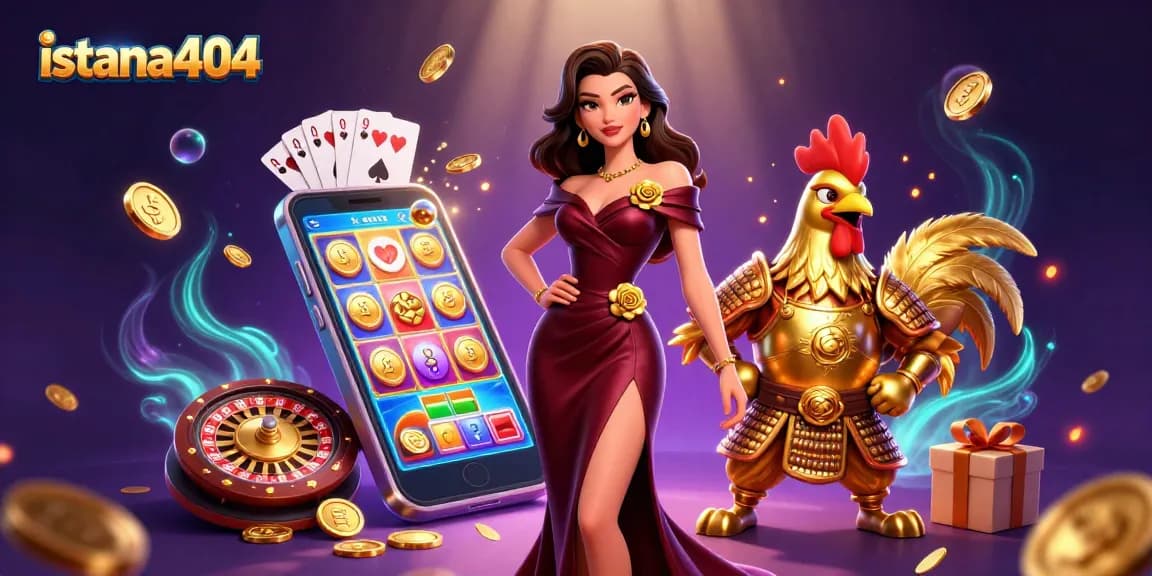 Engage with istana404, showcasing a glamorous woman and samurai rooster amid a dynamic casino scene.