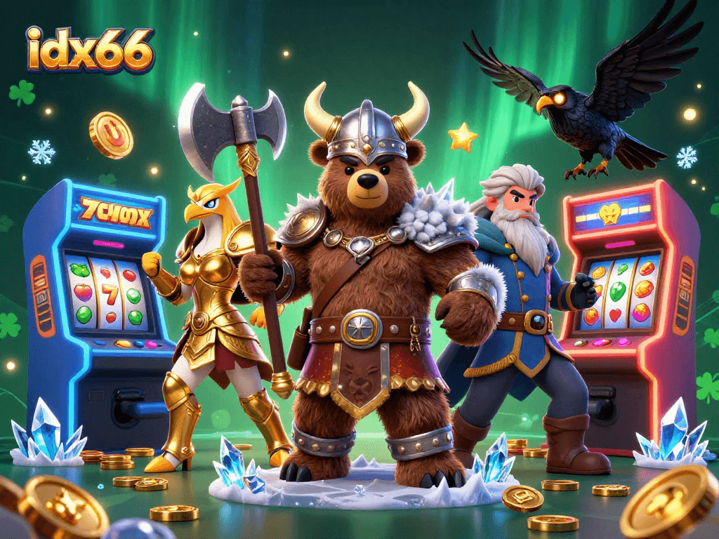idx66 menampilkan karakter Viking beruang yang gagah berhadapan dengan mesin slot berwarna cerah.