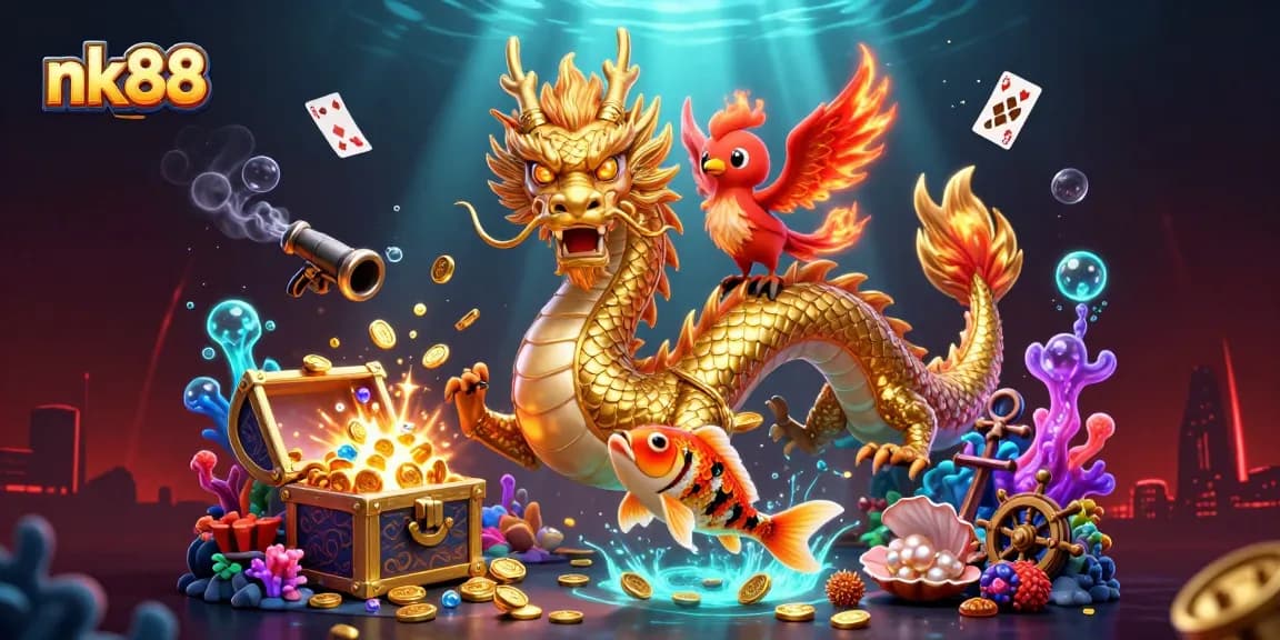 Experience thrilling jackpot excitement with nk88's vibrant casino characters and underwater treasures.