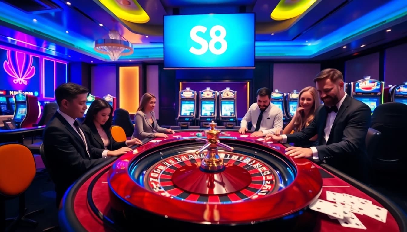 Players enjoy thrilling games at S8's grand casino, featuring poker, roulette, and slot machines.