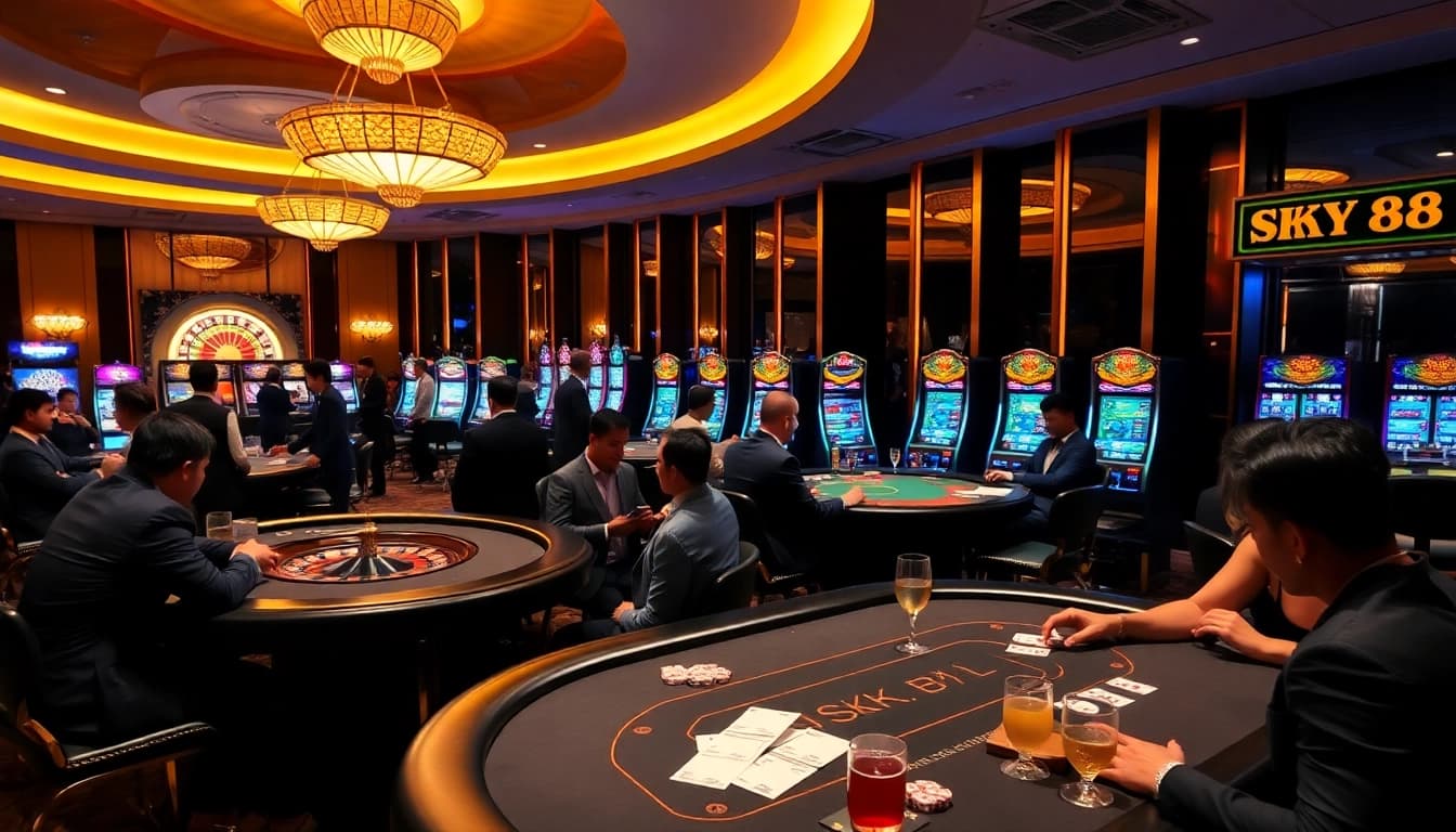 Players enjoying high-stakes gaming at SKY88 casino tables with roulette and poker.