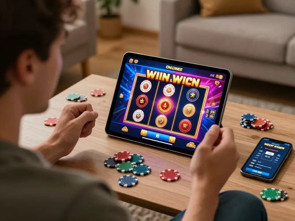 Player celebrating their win on link slot gacor displayed on tablet, cozy home gaming setup.