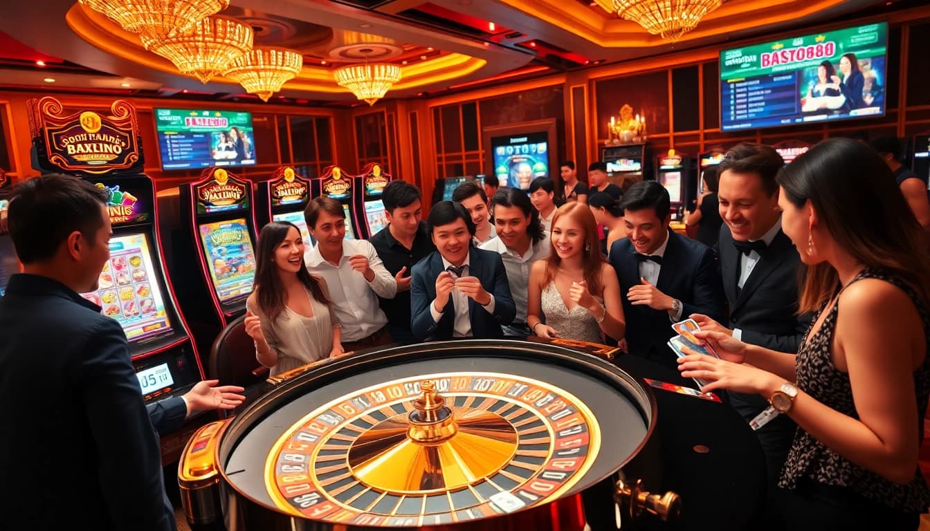 Excited players winning at BERLIAN888 casino with vibrant slot machines and roulette action.