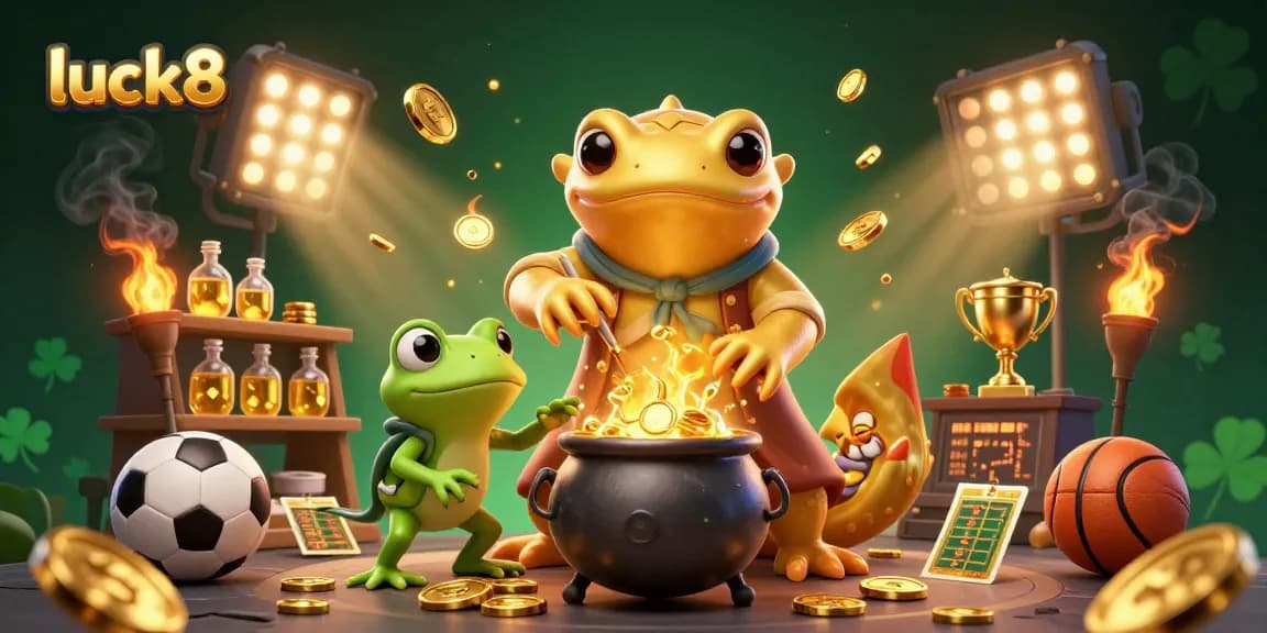 Experience the thrill of luck8 with an alchemist transforming base metals and sports elements showcasing casino excitement.