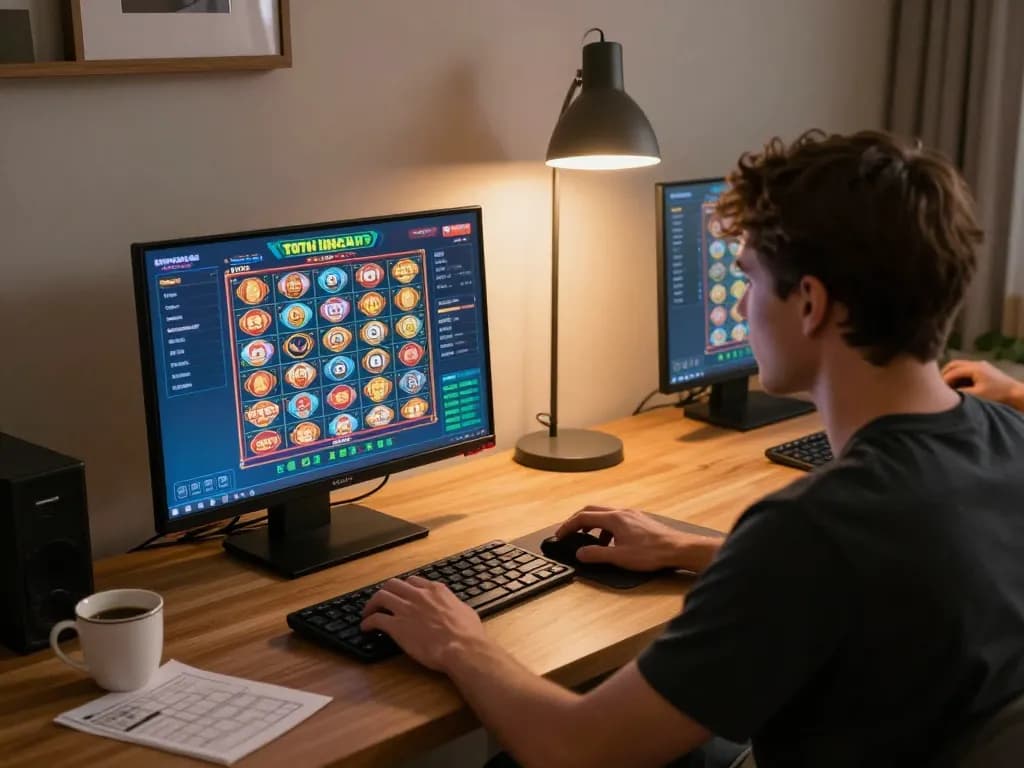 Player concentrating on toto macau slot game displayed on their tablet at home, creating a cozy gaming environment.