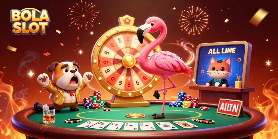 BOLA SLOT's exciting 3D scene featuring a flamingo host, bulldog contestant, and scoreboard cat amid vibrant casino elements.