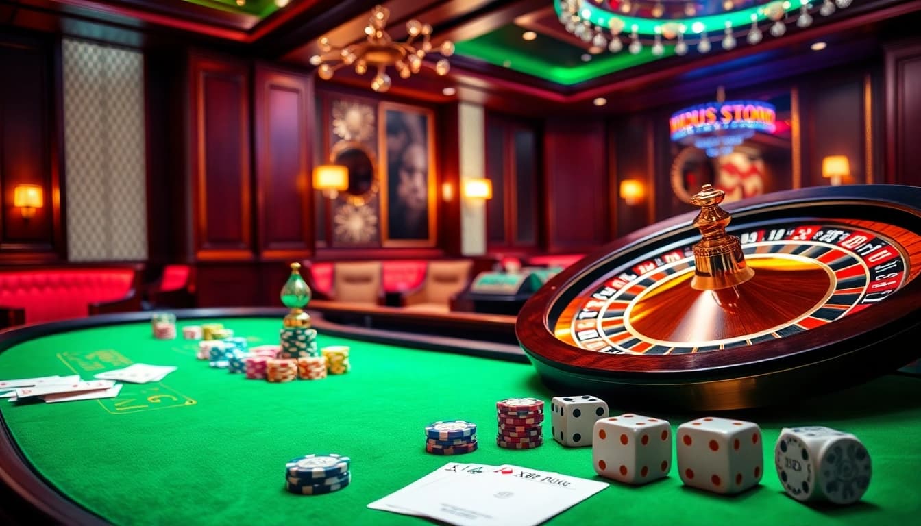 Exciting poker action at XX88 casino table with vibrant chips and roulette wheel.