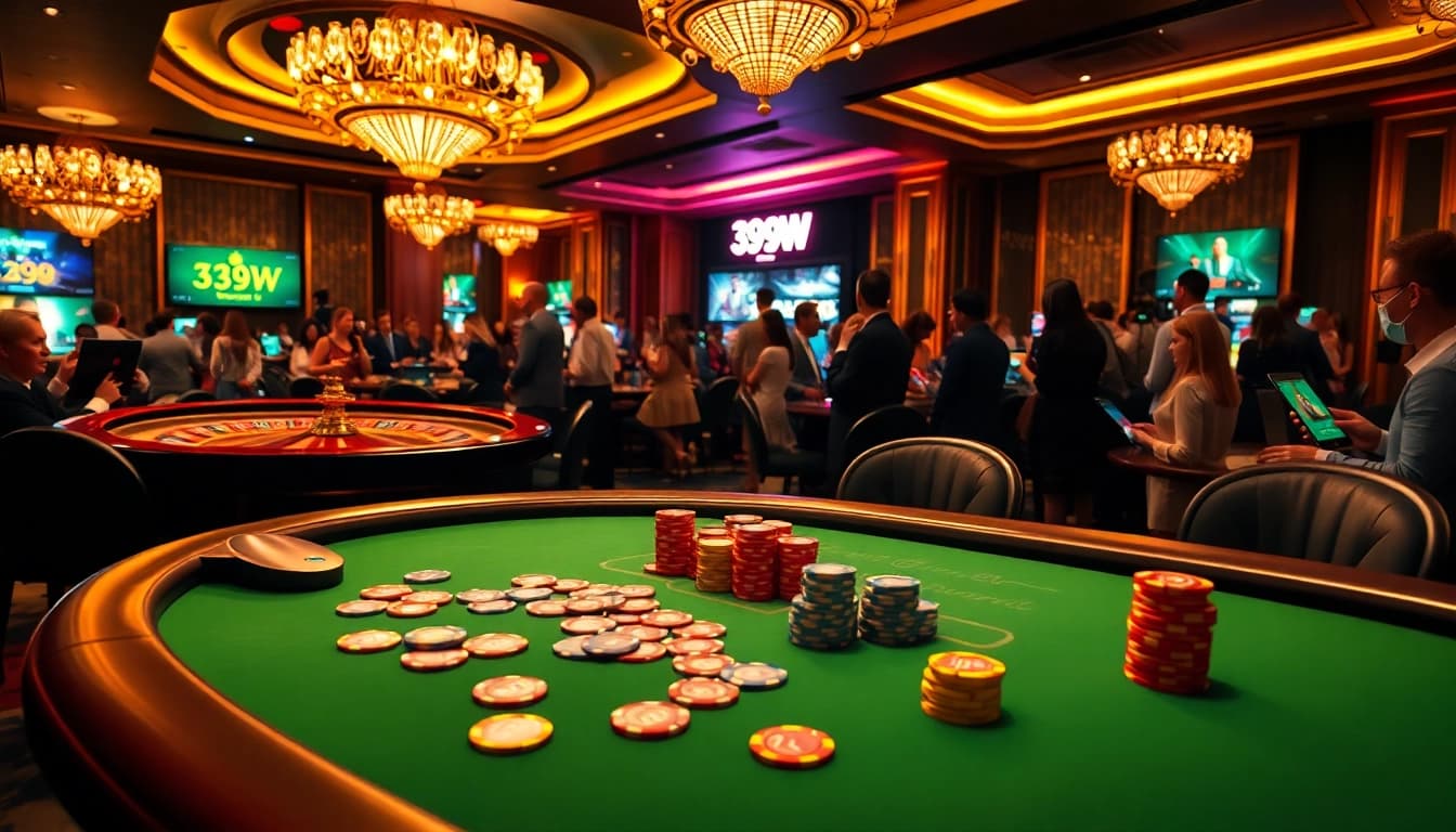 Experience the excitement of gambling with 399W at a luxurious poker table surrounded by vibrant casino elements.