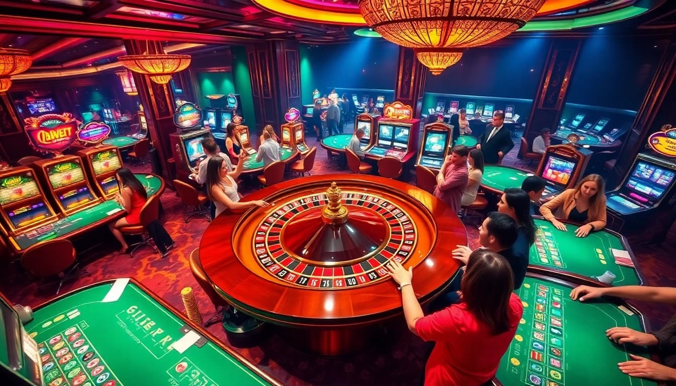 Penjudi merayakan kemenangan besar di lantai kasino Datukwin yang mewah, menampilkan roulette dan mesin slot berwarna-warni.
