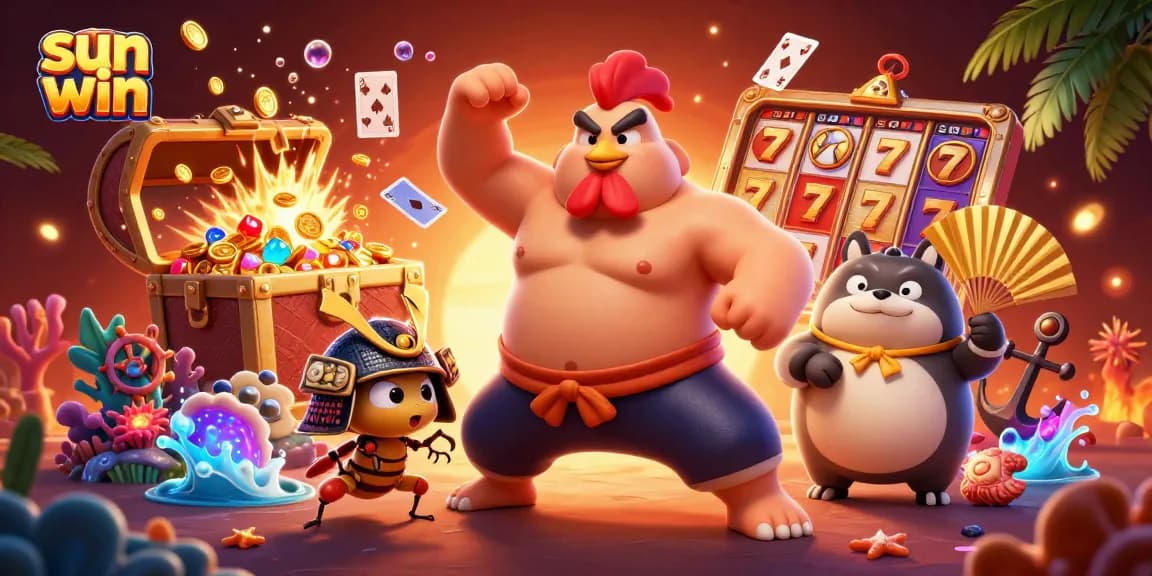 Experience thrilling wins at sun win with vibrant characters in a packed casino scene.