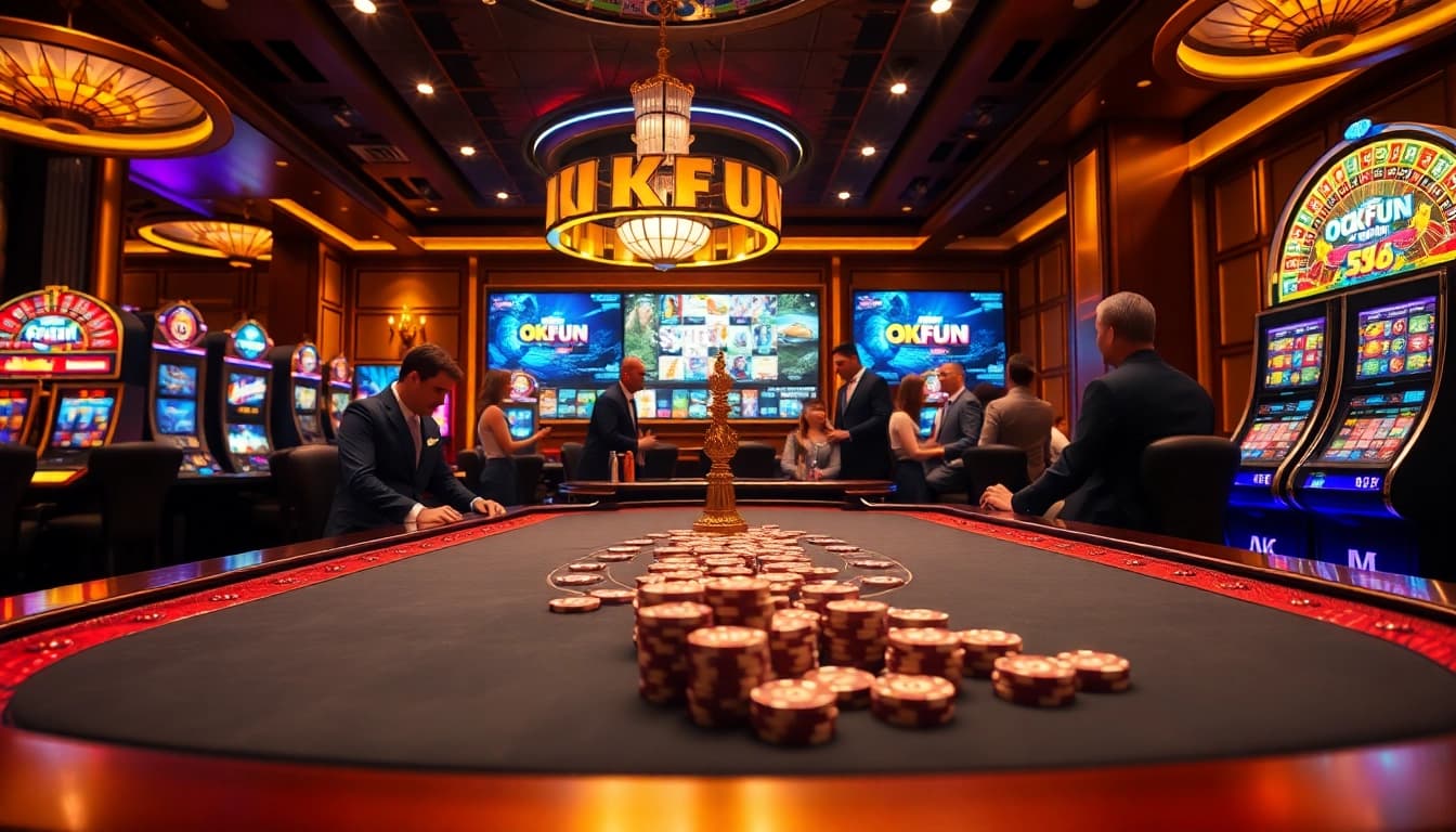 Okfun players engaging at a luxurious casino table featuring vibrant slot machines and poker chips.