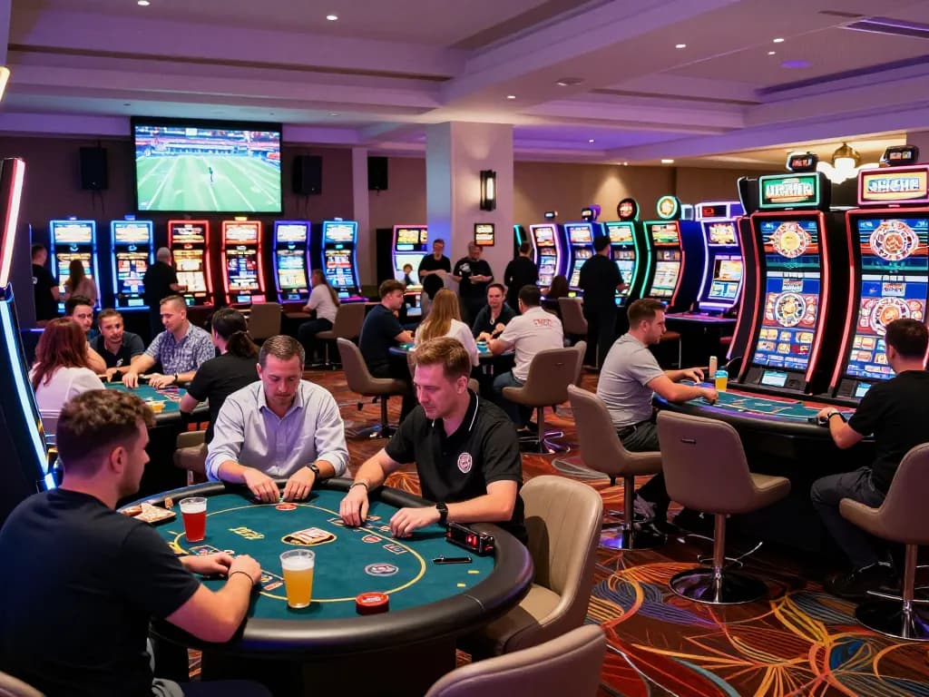 Exciting casino gaming scene at https://f168.today/ with players engaged at tables.