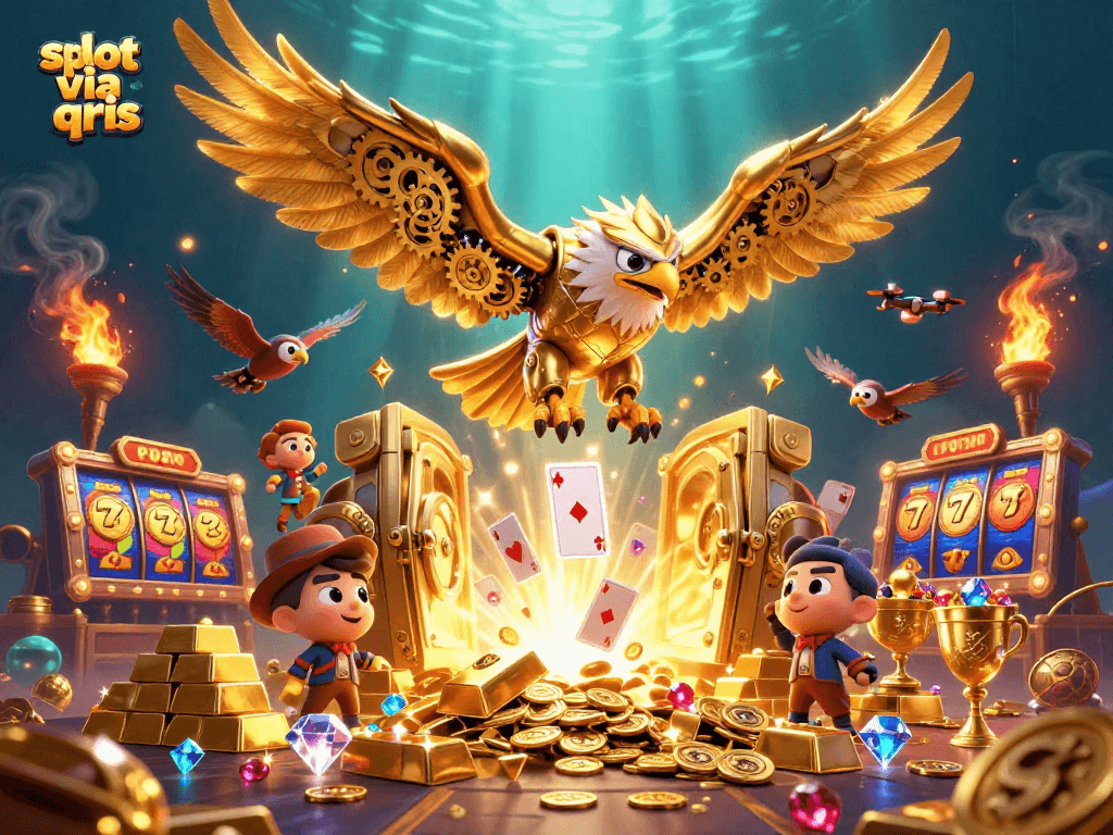 Experience thrilling gameplay with slot via qris in a vibrant, treasure-filled casino scene.