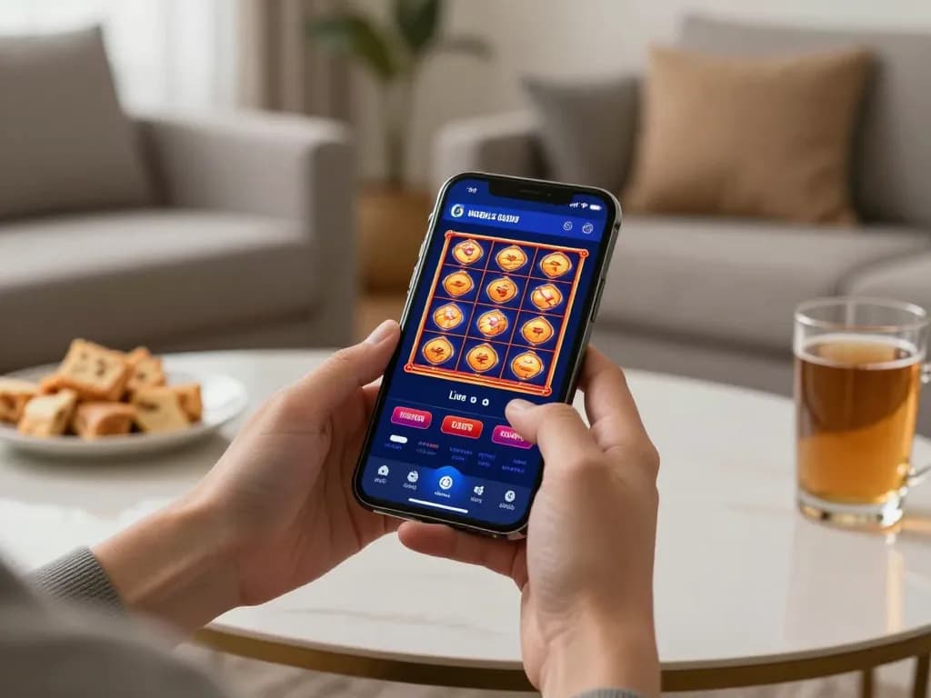 Engaging with LC99 mobile casino app in a cozy home setting, showcasing responsible gaming.
