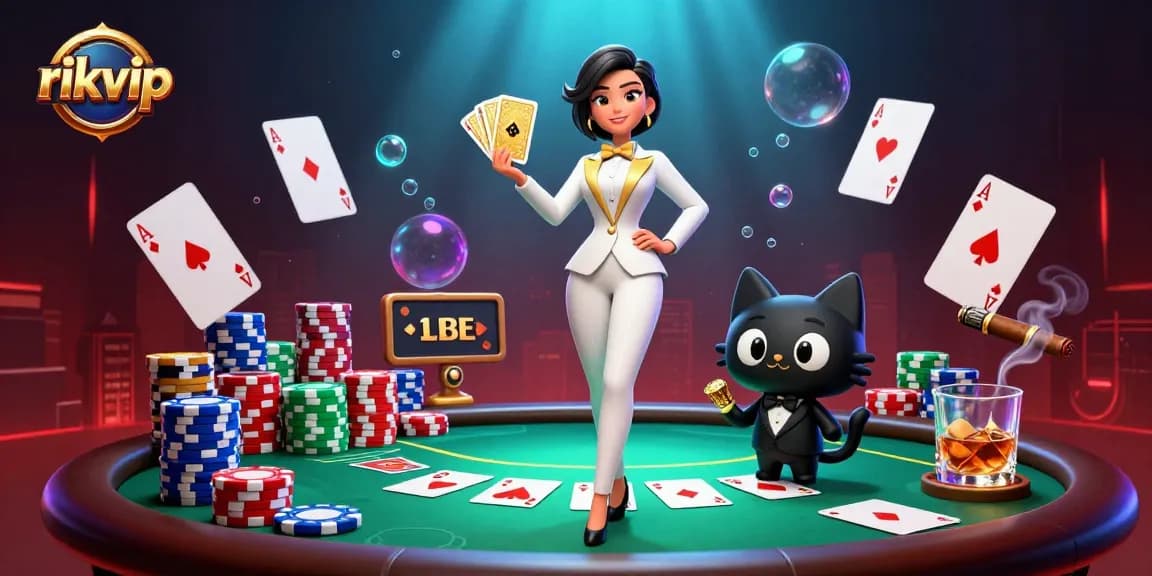 Experience thrilling poker action at rikvip with a glamorous dealer and a playful cat in a casino setting.
