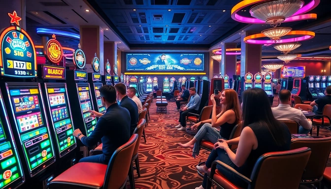 Players enjoying the exciting slot gacor machines at a modern casino with vibrant lights.