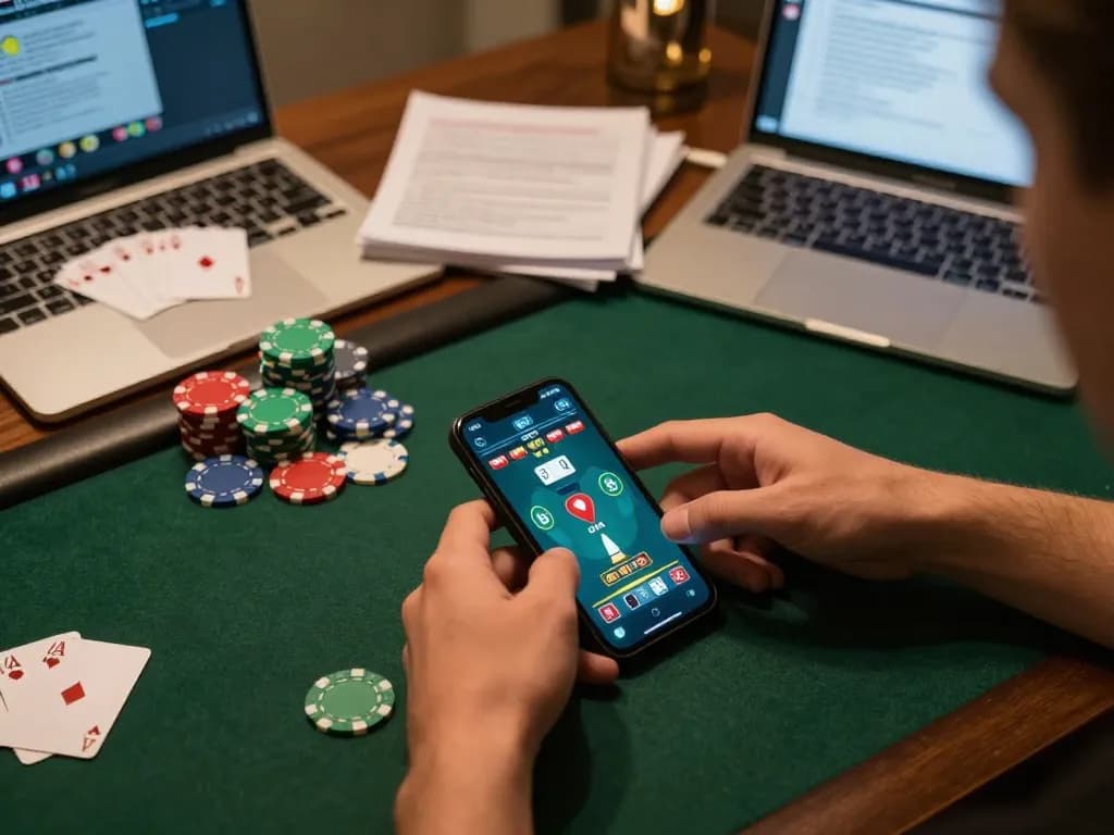 Xibet players engaging in online poker gameplay on a smartphone with colorful chips on display.