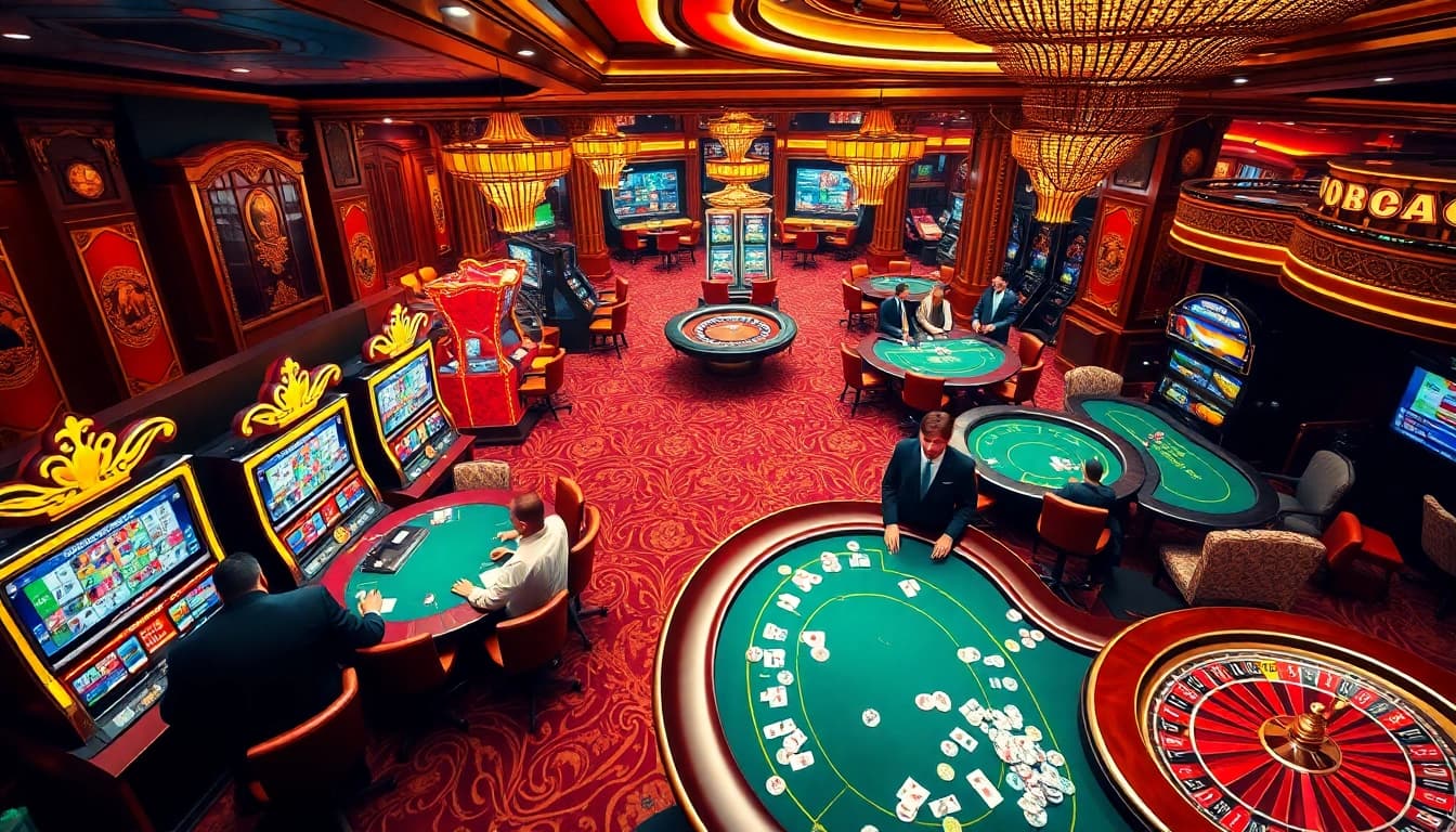 Engaging players at the gaming tables featuring https://69vn.br.com/ and vibrant slot machines.