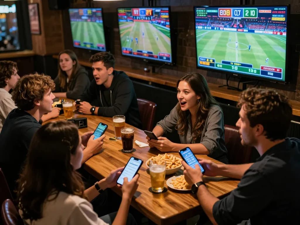 Exciting sports betting scene showing active participants engaging with kèo nhà cái in a lively sports bar.