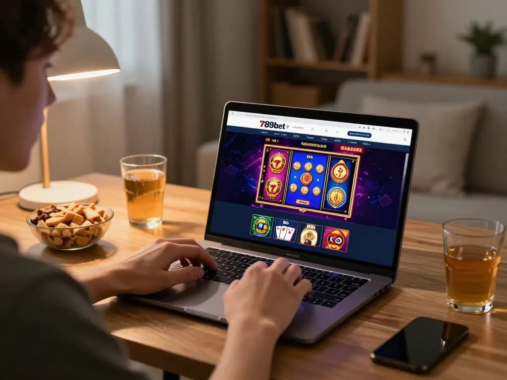 Engaging in online gaming at 789bet, showcasing vibrant game interface on laptop.
