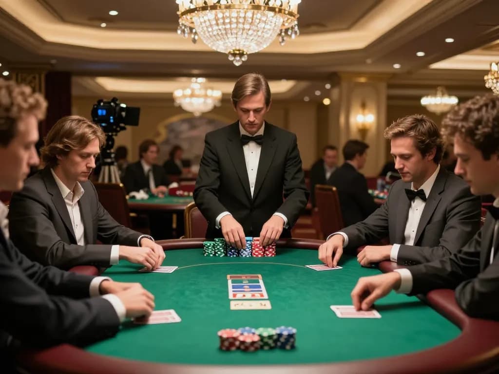 Engaged players strategizing their next move at Rajabet123 poker table in a luxurious casino setting.