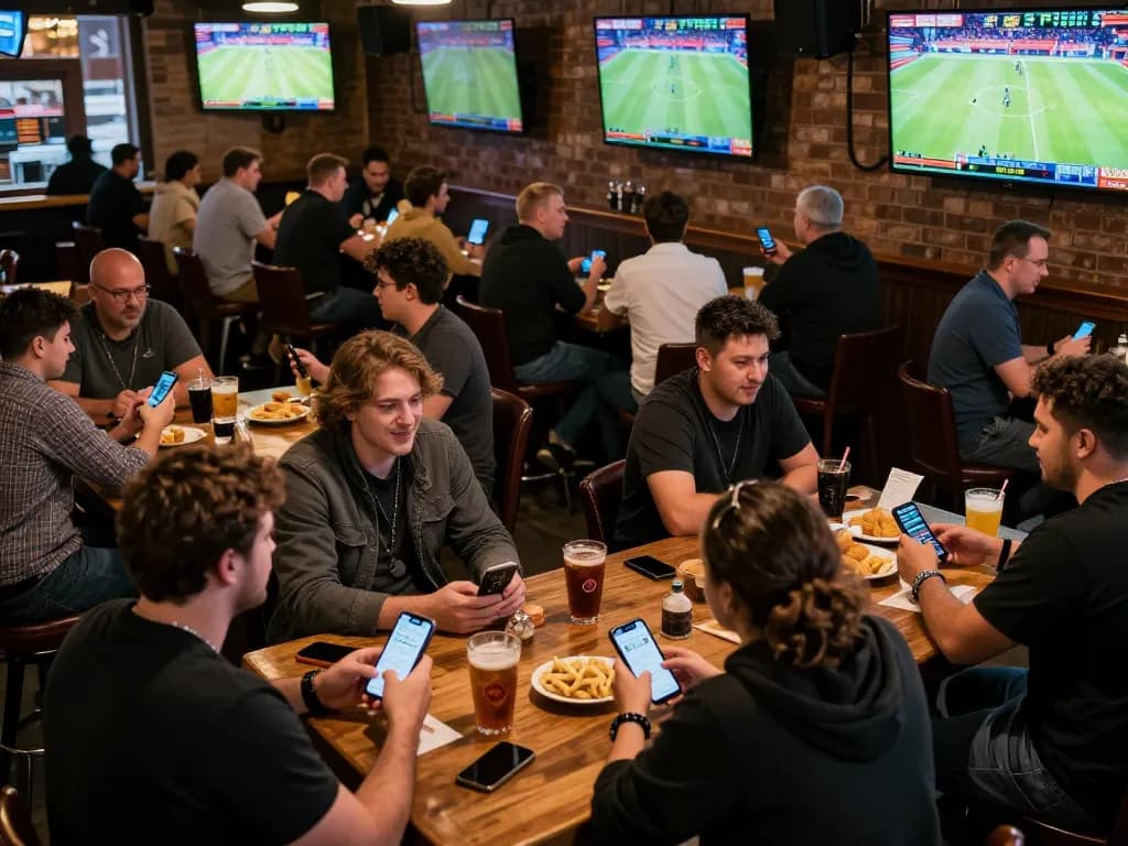 Scena coinvolgente di scommesse sportive con clienti vivaci che discutono strategie e utilizzano app mobili nel migliore sports bar con bookmaker non AAMS.