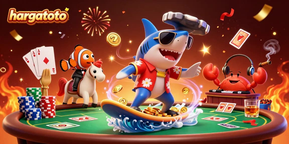 Hargatoto merayakan kemenangan dengan karakter 3D yang penuh warna dan elemen kasino menarik.