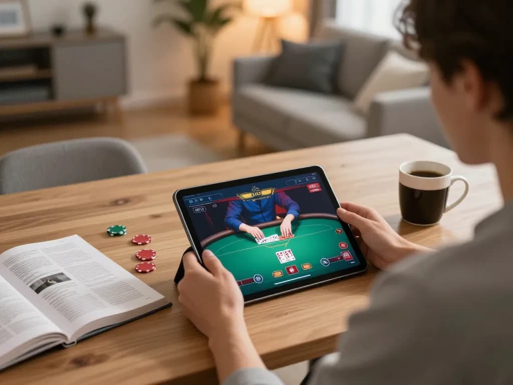 Engaged player utilizing QQSLOT strategy on tablet in modern home office setup.