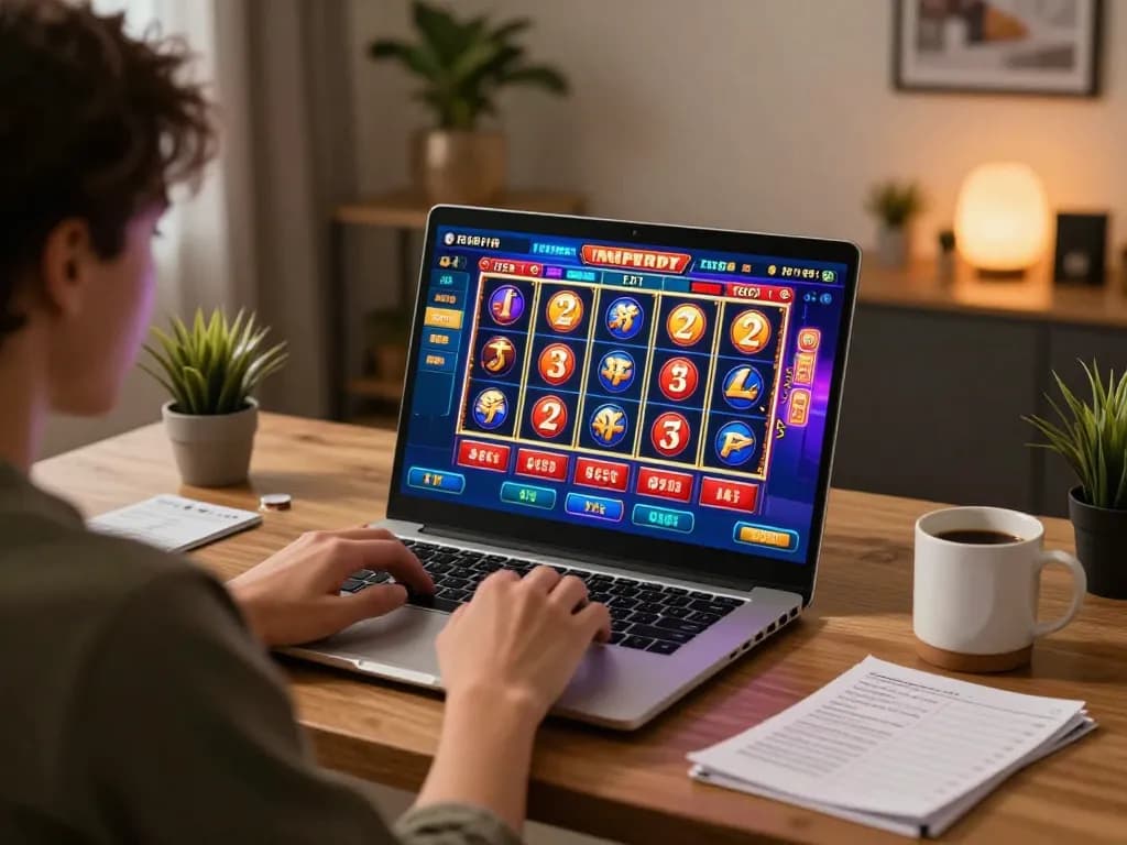 LGO99 gaming enthusiast engaging in online slots and poker strategy at home setup.