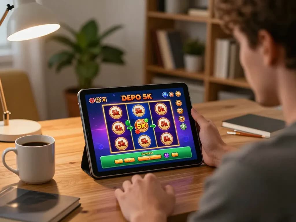 Engaging in slot depo 5k online gaming with tablet in cozy home setup.