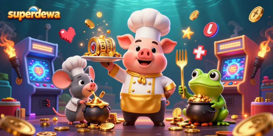 Menghadirkan keseruan superdewa dengan elemen slot dan koin emas dalam ilustrasi 3D menarik.