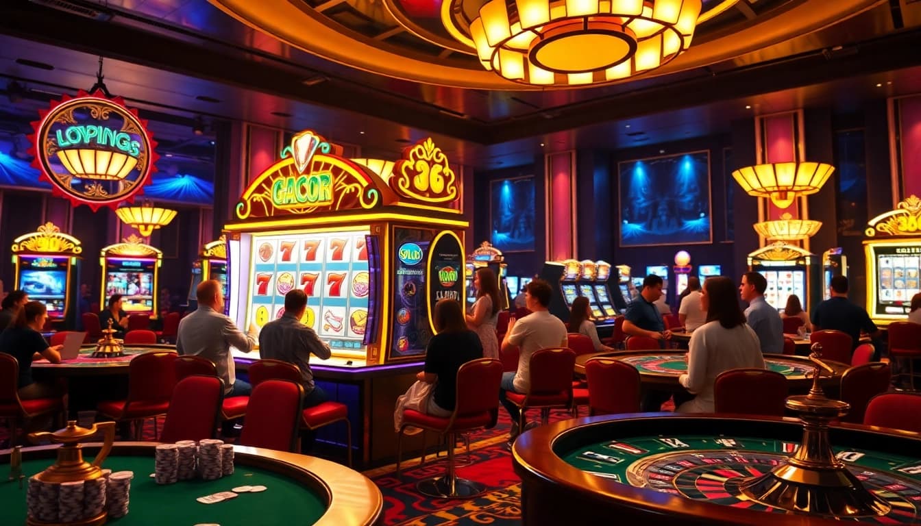 Pemain yang bersemangat berinteraksi dengan mesin Slot Gacor di kasino mewah yang dipenuhi meja poker dan roda roulette.