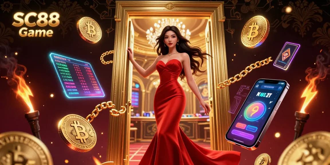 Engage in winning strategies at SC88 Game with thrilling casino visuals and vibrant cryptocurrency elements.