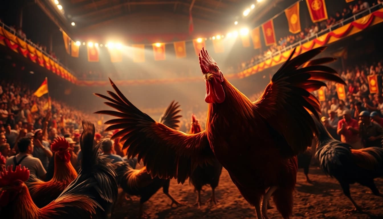XX88 thrilling rooster fighting arena with dynamic spectators and intense competition.