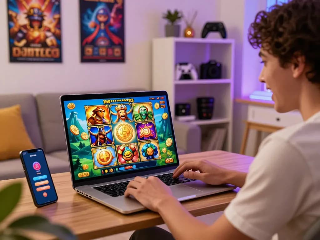 Player enjoying BIUSTOTO online slot game at home, vibrant graphics and engaging setup.