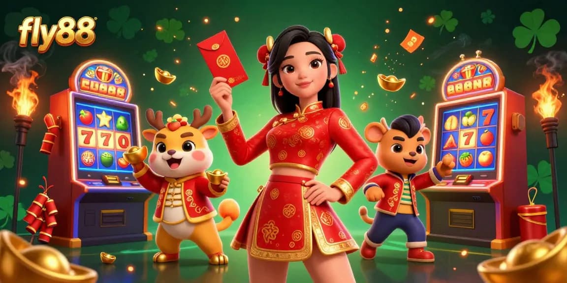 Fly88 showcases vibrant Lunar New Year celebration blended with exciting slot game action.